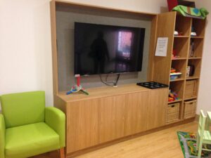 New TV and custom storage unit.